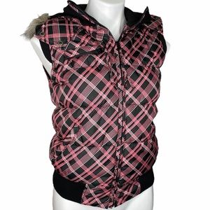 New! Pink and Black Coat Vest with faux fur hood S